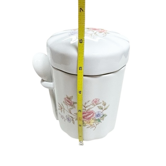 Vintage FTD White Floral Ceramic Sugar Coffee Tea Canister Jar with Spoon & Lid - Picture 8 of 10
